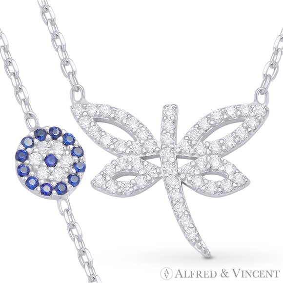 Dragonfly & Evil Eye Charm Necklace with CZ Crystals in .925 Sterling Silver - Picture 2 of 2